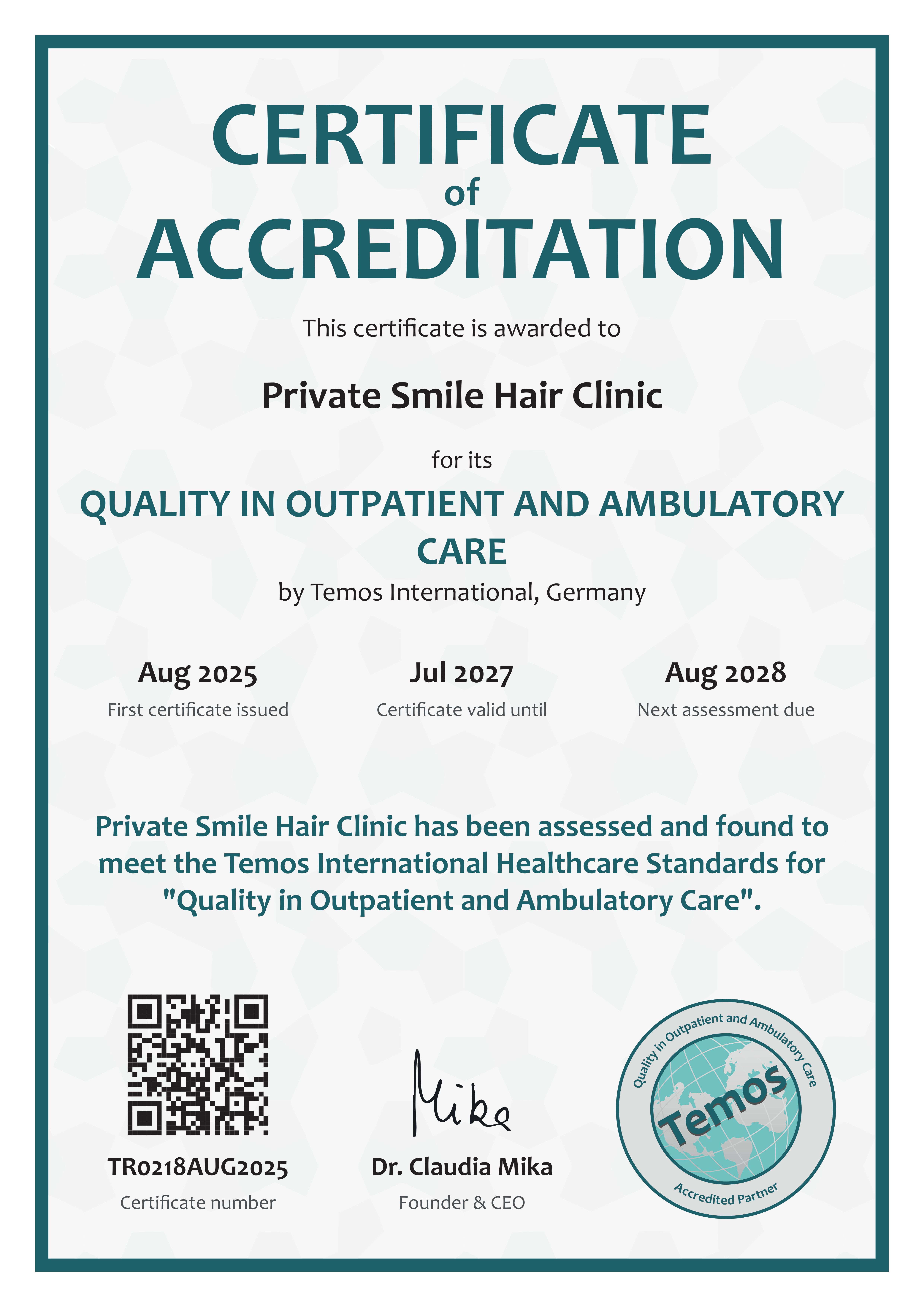 Akkreditierungszertifikat von Temos International für Private Smile Hair Clinic
